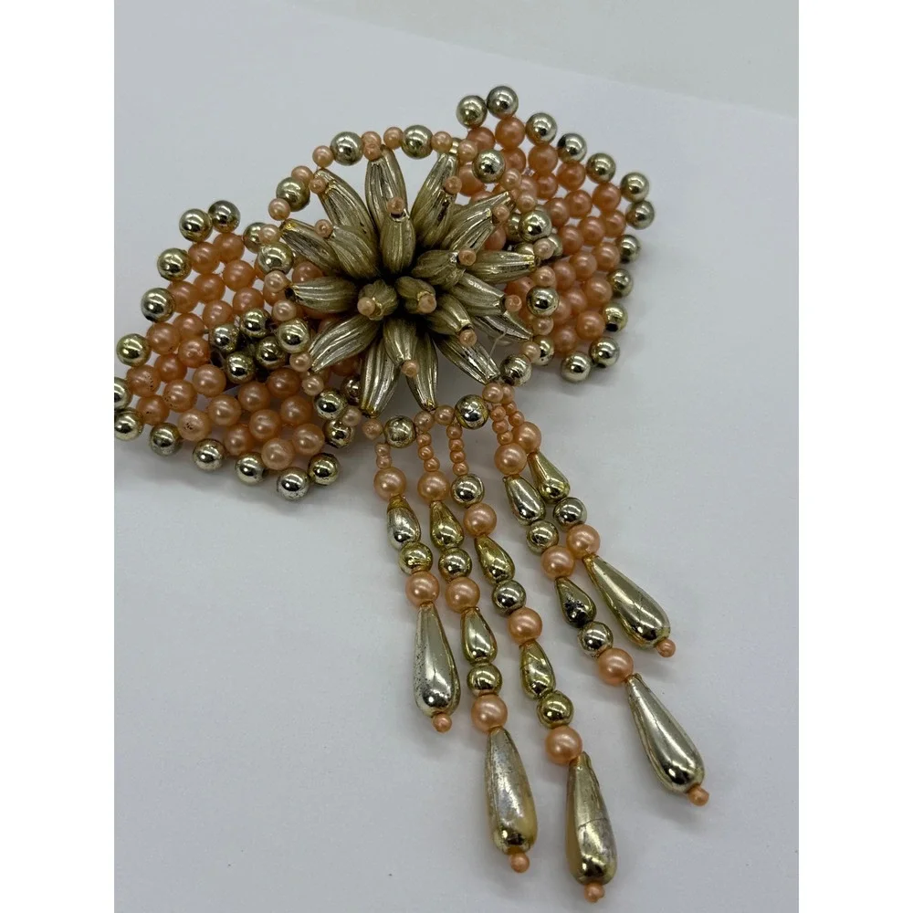 Vintage Faux Pearl Beaded Big Bow Dangle Hair Barrette French Clip Peach Gold